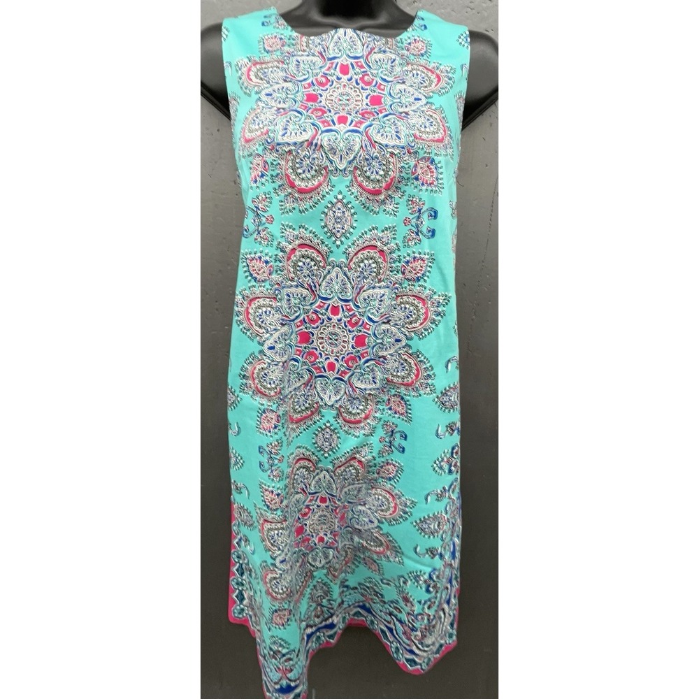 London Times Dress 14 Aqua Blue Pink Mandala Paisley Cotton Stretch Preppy Boho